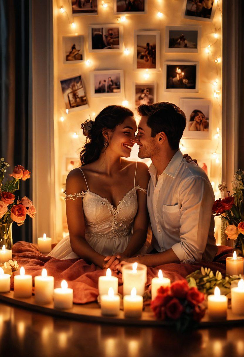 A beautifully arranged scene featuring a couple sharing an intimate moment, surrounded by soft lighting and romantic elements like candles and flowers. Include a camera capturing their laughter, with snippets of video frames floating around symbolizing love stories. The background should be warm and dreamy, evoking deep emotional connection. super-realistic. vibrant colors. soft focus.