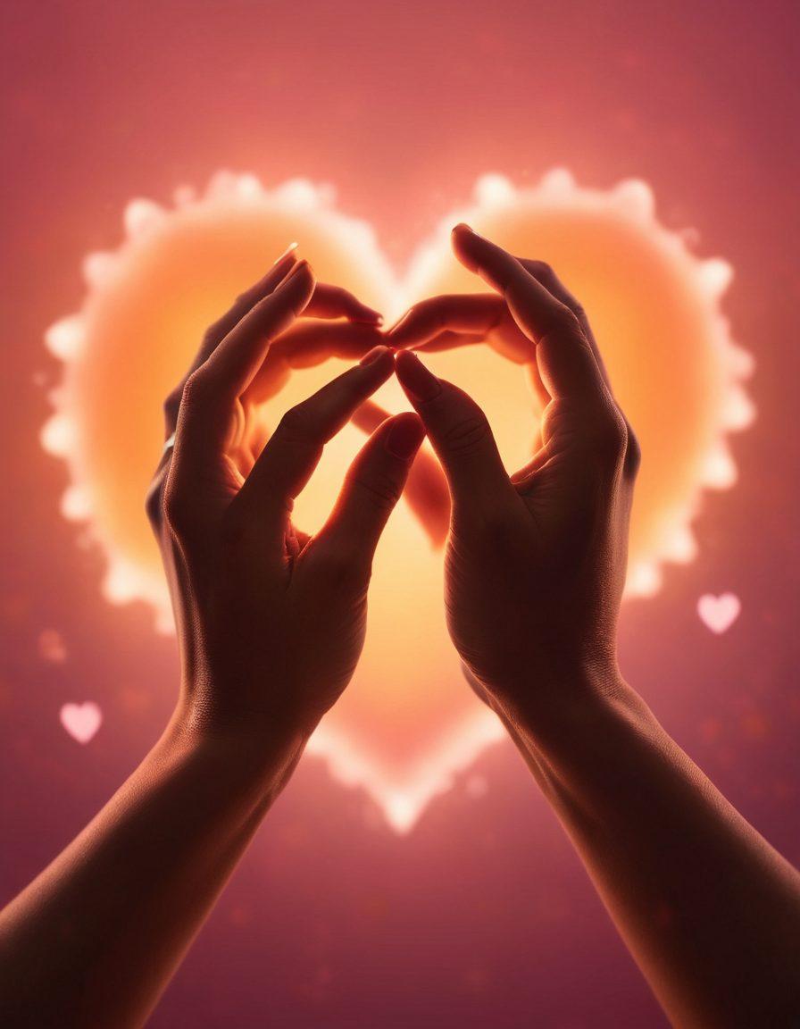 A pair of intertwined hands surrounded by glowing hearts, symbolizing deep emotional connections. In the background, soft, blurred silhouettes of people sharing personal moments, like laughter and tears. Warm hues of orange and pink dominate the scene, illustrating passion and intimacy. Ethereal light effects add a dreamy quality, inviting viewers to explore their own emotions. super-realistic. vibrant colors. soft focus.