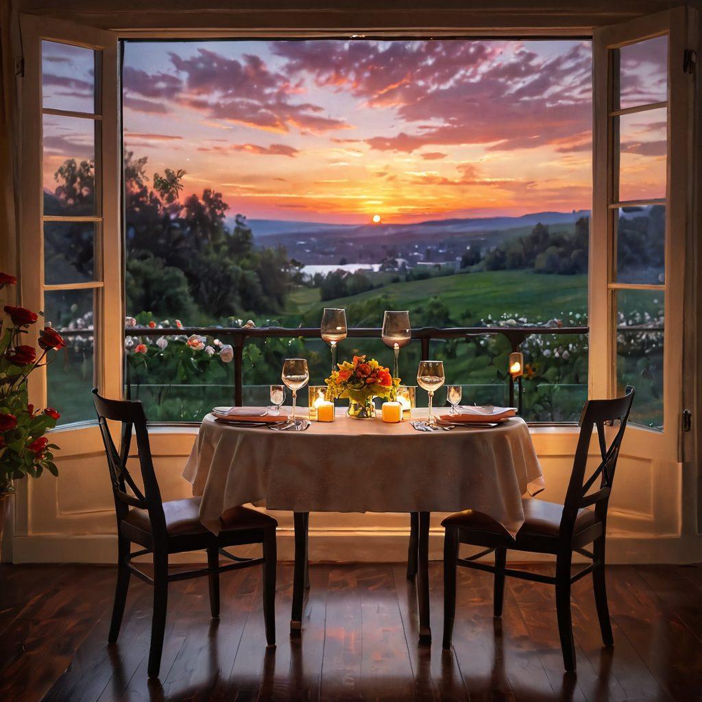 A cozy, candle-lit dinner setting for two, with soft music notes floating in the air. Highlight intimate moments like laughter, shared looks, and a beautifully set table adorned with flowers and wine glasses. Incorporate a dreamy sunset view through a window, creating an atmosphere of warmth and connection. soft focus, romantic tones, vibrant colors, painting.